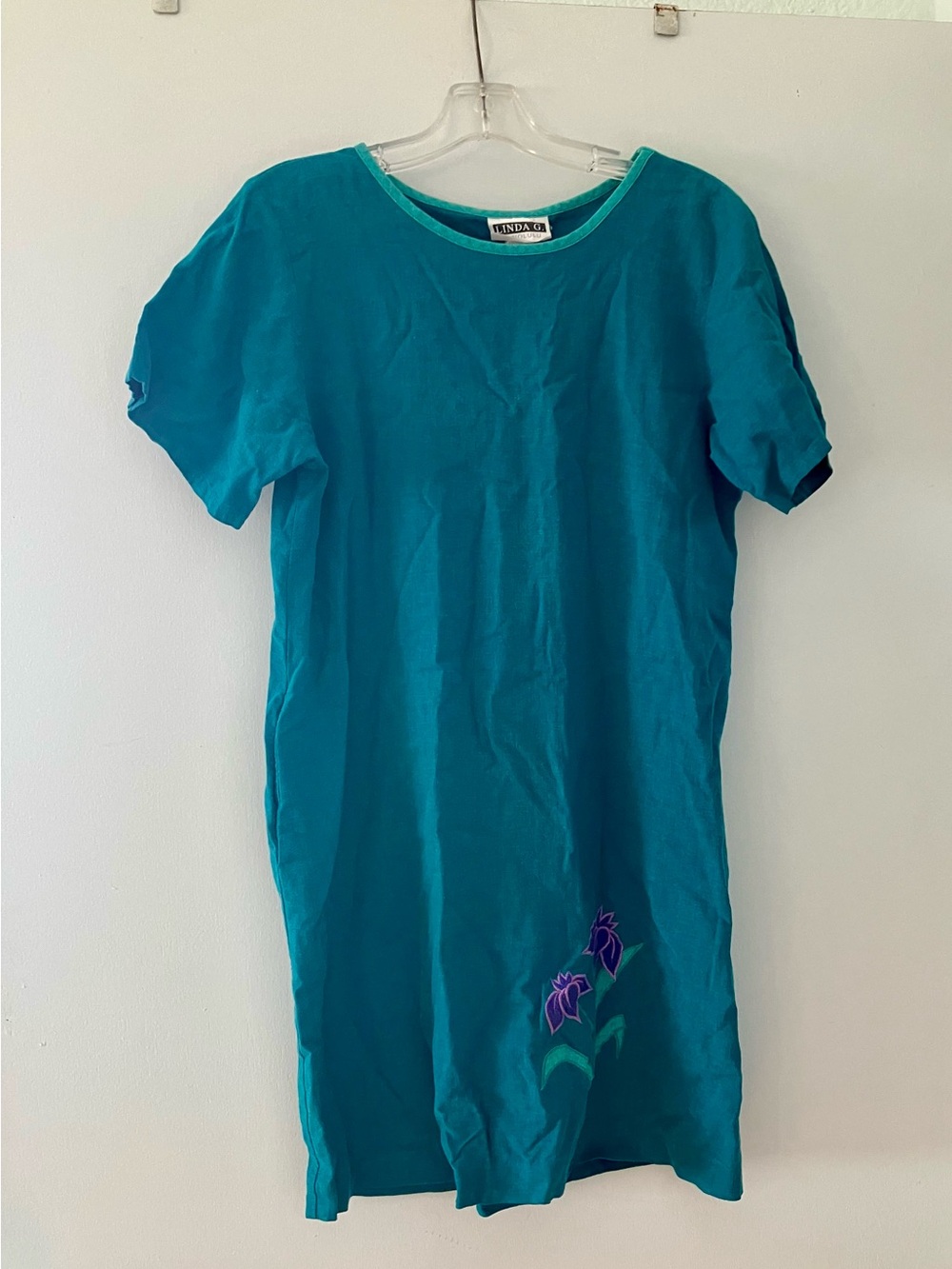 Linda G Honolulu Teal Short Sleeve Dress w/Purple Floral Accent; Made in Hawaii